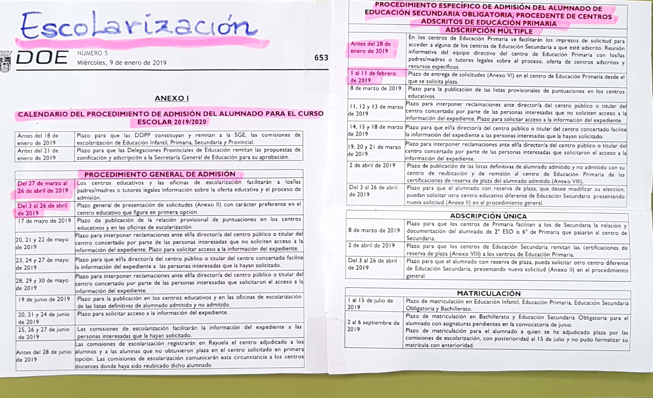 Calendario de Escolarización 2019